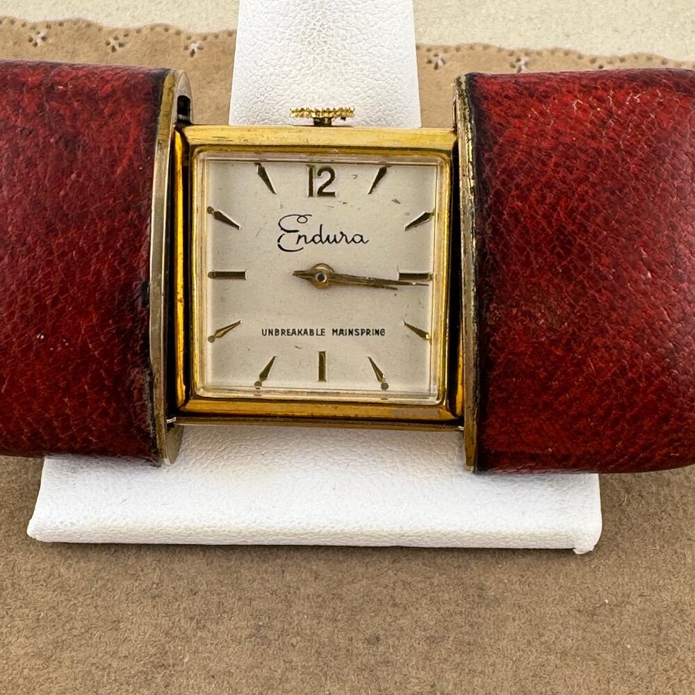 Vintage 1950s Endura 17Jewel Gold Tone MechanicalBrown Lizard Skin Purse Watch
